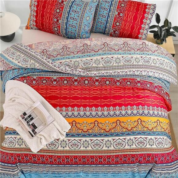 Striped Bohemian Comforter Set Queen Size 3 Pieces Boho Hippie Geometric Bedding - Picture 4 of 8